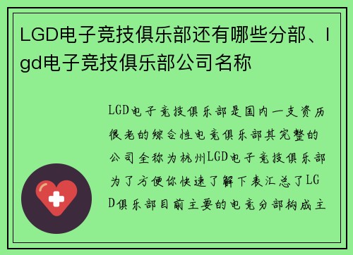 LGD电子竞技俱乐部还有哪些分部、lgd电子竞技俱乐部公司名称